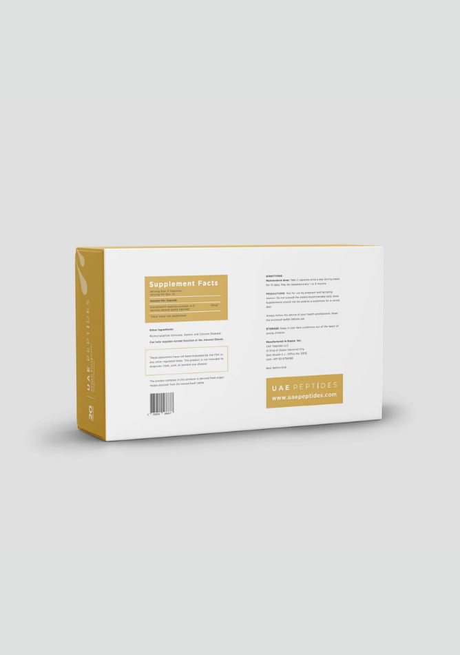 Back image of one box of Dnhealth peptide supplements displayed against a light grey background. The color of the box is white and gold and is labelled as a Adrenal Bioregulator.