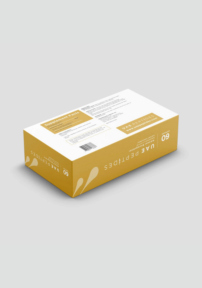 Back side image of one box of Dnhealth peptide supplements displayed against a light grey background. The color of the box is white and gold and is labelled as a Adrenal Bioregulator.