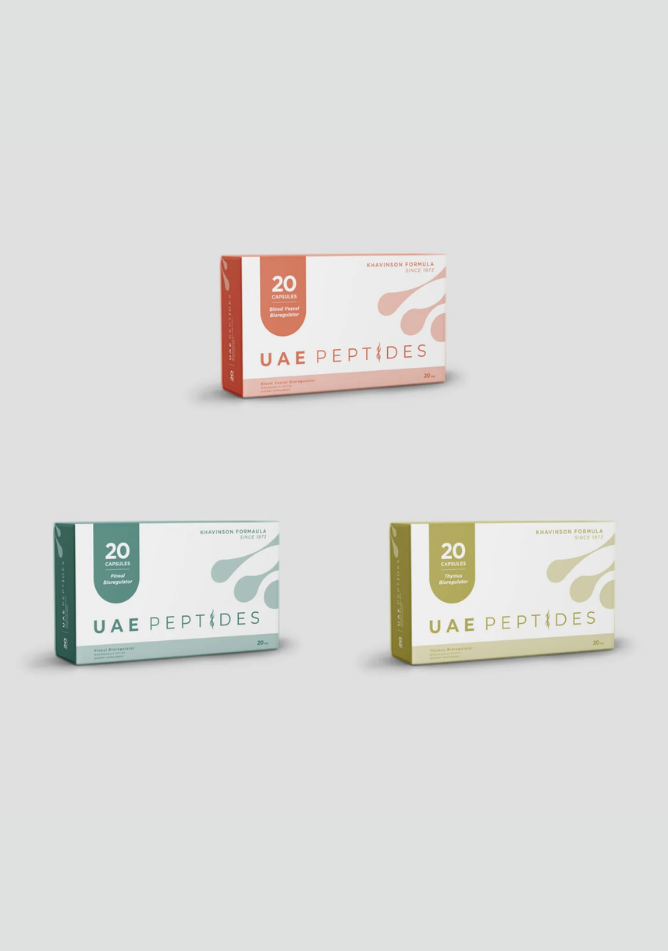Front image of three boxes of Dnhealth peptide supplements are displayed against a light grey background. The top box is white and orange and is labelled as a Blood Vessel Bioregulator. The bottom right box is white and green and is labelled as an Pineal Bioregulator. The bottom left box is white and olive and is labelled as an Thymus Bioregulator.