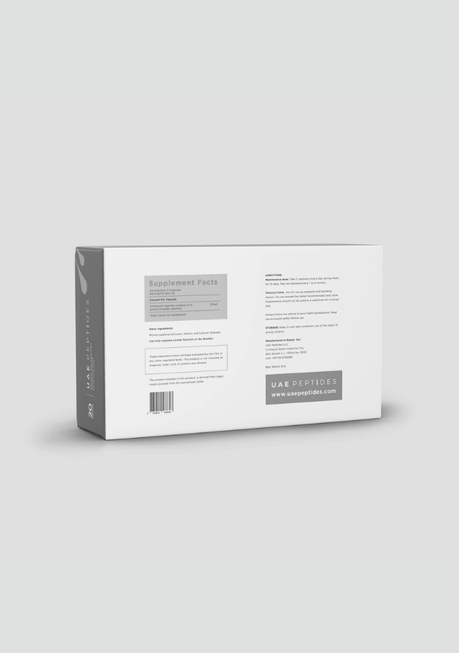 Back image of one box of Dnhealth peptide supplements displayed against a light grey background. The color of the box is white and light grey and is labelled as a Bladder Bioregulator.