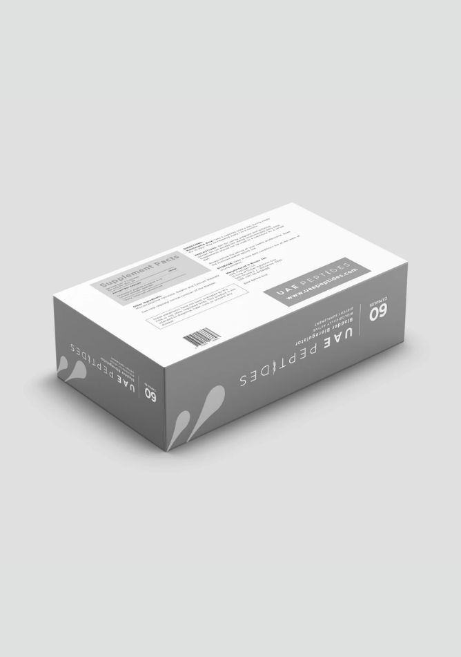 Back side image of one box of Dnhealth peptide supplements displayed against a light grey background. The color of the box is white and light grey and is labelled as a Bladder Bioregulator.