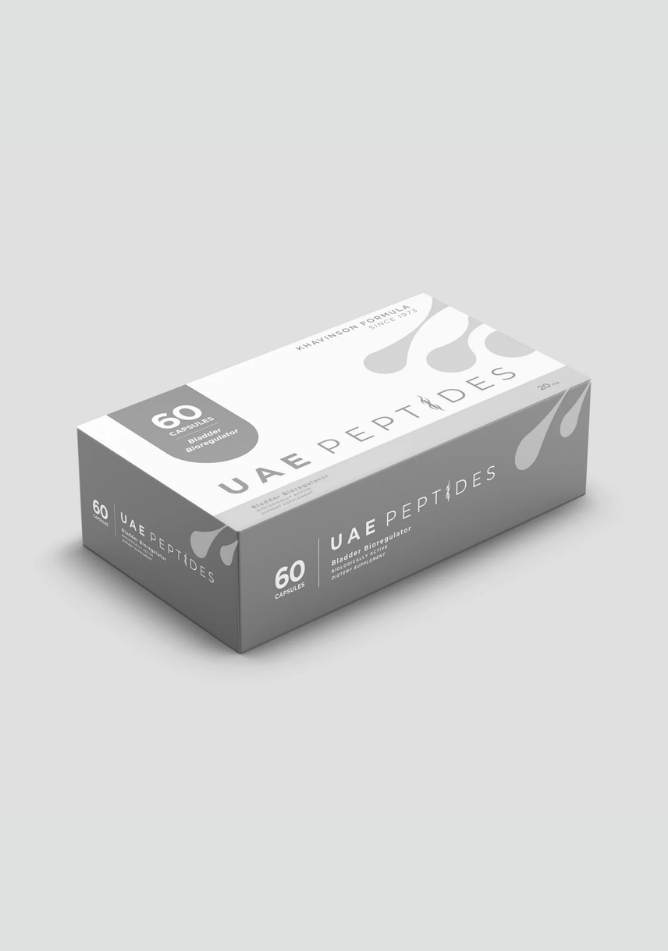 Side image of one box of Dnhealth peptide supplements displayed against a light grey background. The color of the box is white and light grey and is labelled as a Bladder Bioregulator.