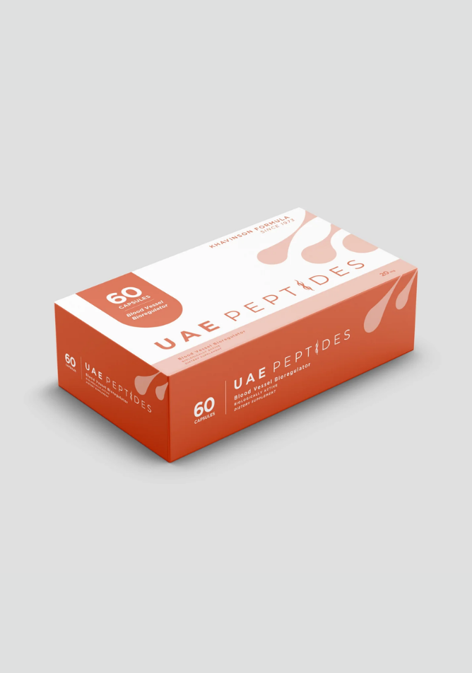 Side image of one box of Dnhealth peptide supplements displayed against a light grey background. The color of the box is white and orange and is labelled as a Blood Vessel Bioregulator.