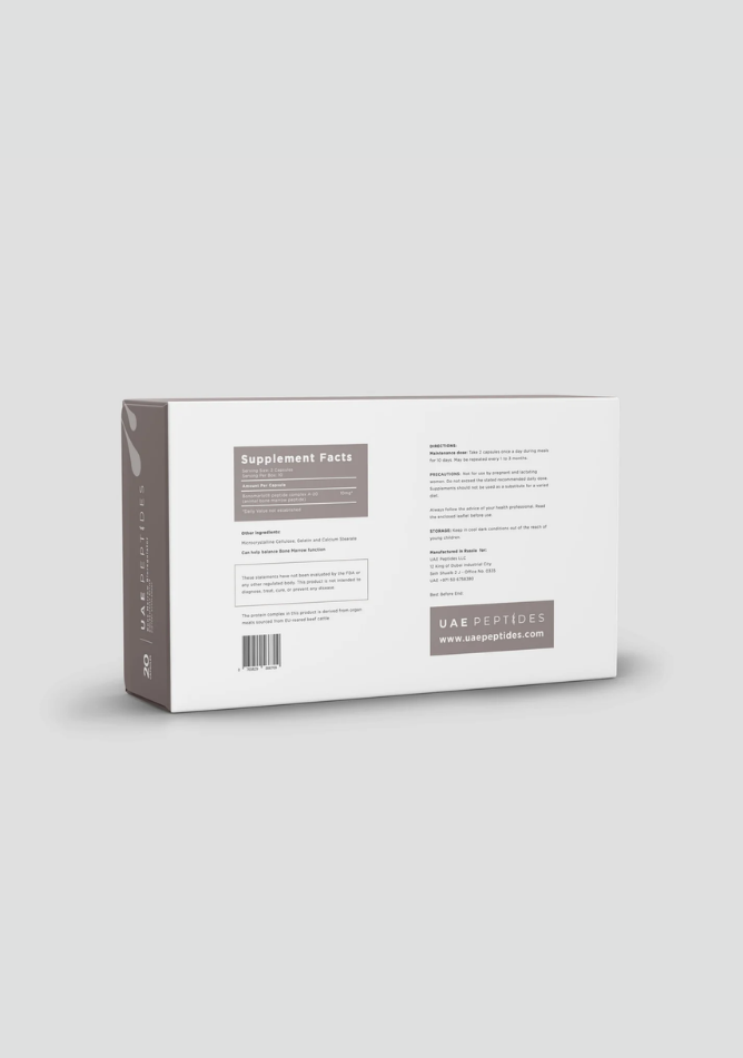 Back image of one box of Dnhealth peptide supplements displayed against a light grey background. The color of the box is white and grey and is labelled as a Bone Marrow Bioregulator.