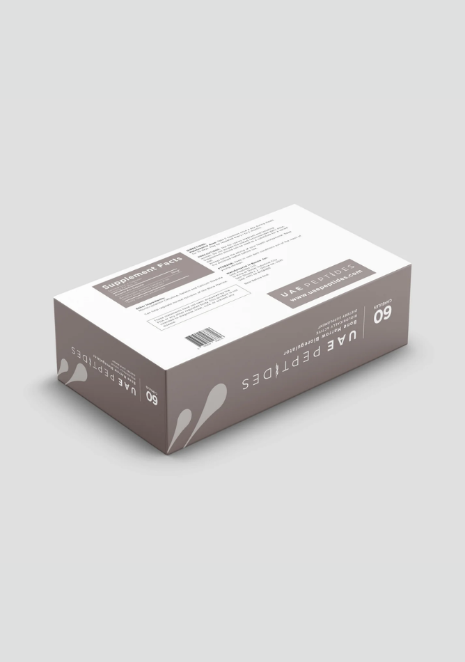 Back side image of one box of Dnhealth peptide supplements displayed against a light grey background. The color of the box is white and grey and is labelled as a Bone Marrow Bioregulator.
