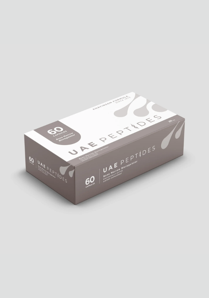 Side image of one box of Dnhealth peptide supplements displayed against a light grey background. The color of the box is white and grey and is labelled as a Bone Marrow Bioregulator.