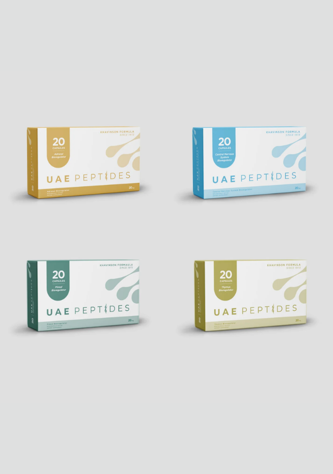 Front image of four boxes of Dnhealth peptide supplements are displayed against a light grey background. The top right box is white and gold and is labelled as a Adrenal Bioregulator. The top left box is white and blue and is labelled as an Central Nervous System Bioregulator.The bottom right box is white and green and is labelled as an Pineal Bioregulator. The bottom left box is white and olive and is labelled as an Thymus Bioregulator.