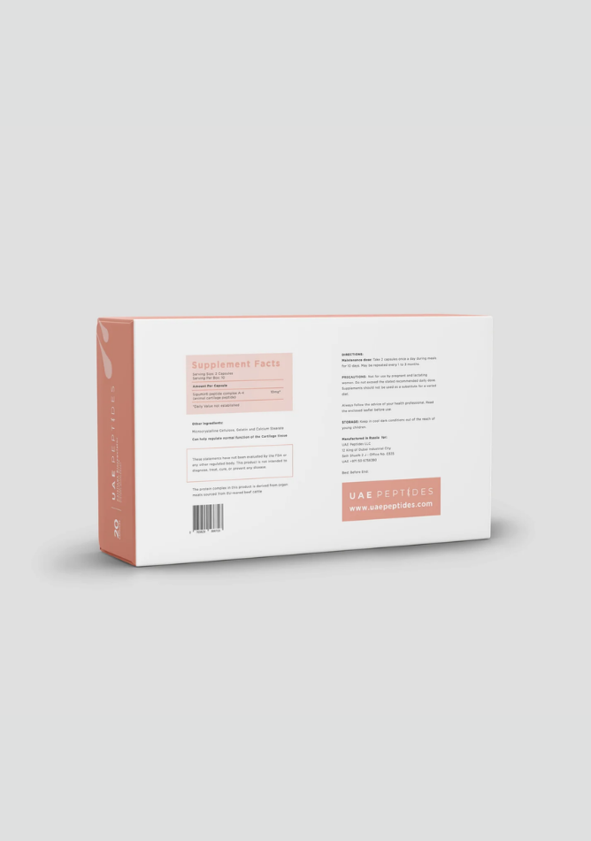 Back image of one box of Dnhealth peptide supplements displayed against a light grey background. The color of the box is white and pink and is labelled as a Cartilage Bioregulator.