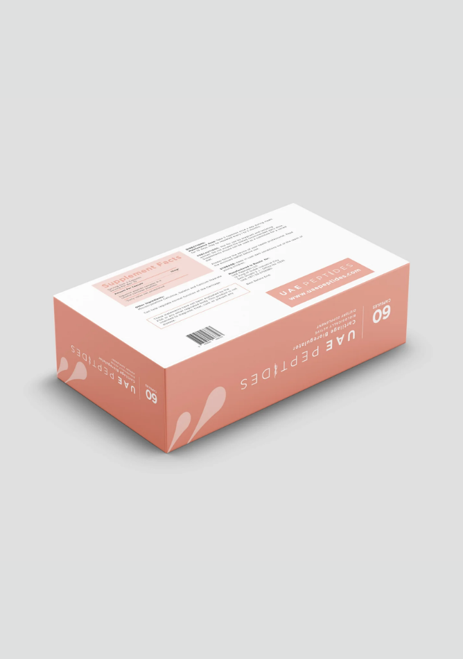 Back side image of one box of Dnhealth peptide supplements displayed against a light grey background. The color of the box is white and pink and is labelled as a Cartilage Bioregulator.