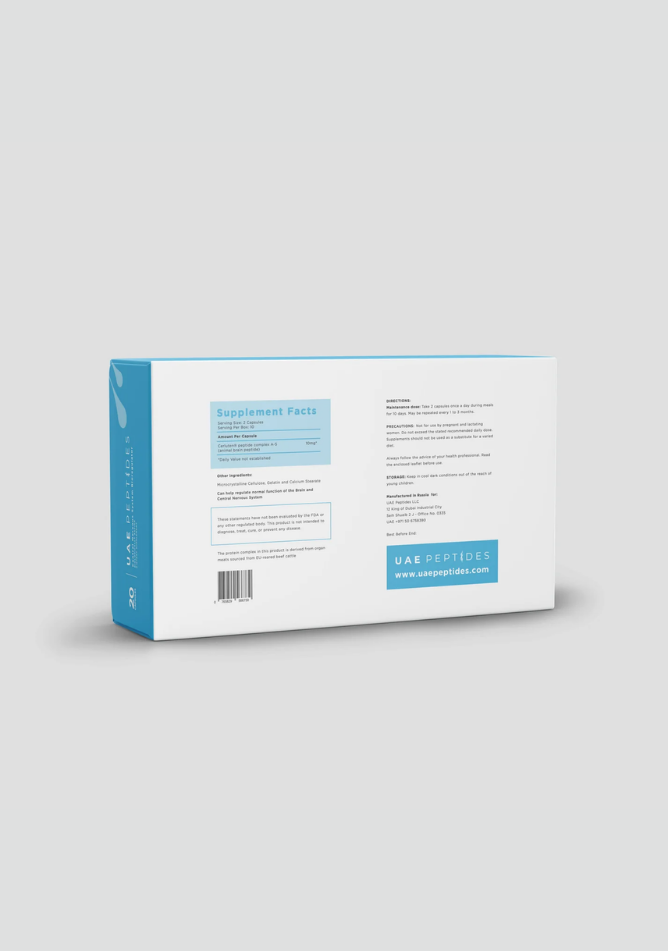 Back image of one box of Dnhealth peptide supplements displayed against a light grey background. The color of the box is white and blue and is labelled as a Central Nervous System Bioregulator.