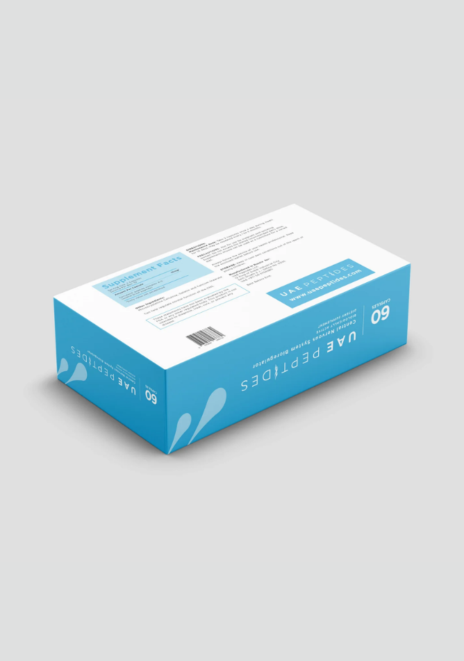 back side image of one box of Dnhealth peptide supplements displayed against a light grey background. The color of the box is white and blue and is labelled as a Central Nervous System Bioregulator.