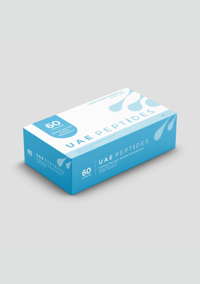 Side image of one box of Dnhealth peptide supplements displayed against a light grey background. The color of the box is white and blue and is labelled as a Central Nervous System Bioregulator.