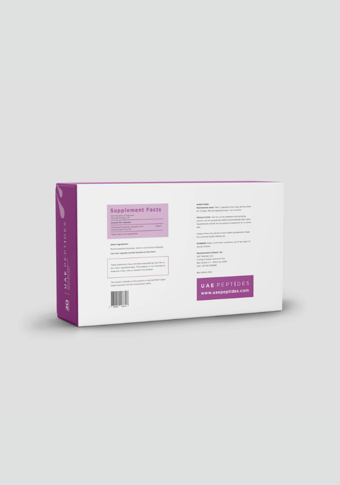 Back image of one box of Dnhealth peptide supplements displayed against a light grey background. The color of the box is white and purple and is labelled as a Heart Bioregulator.