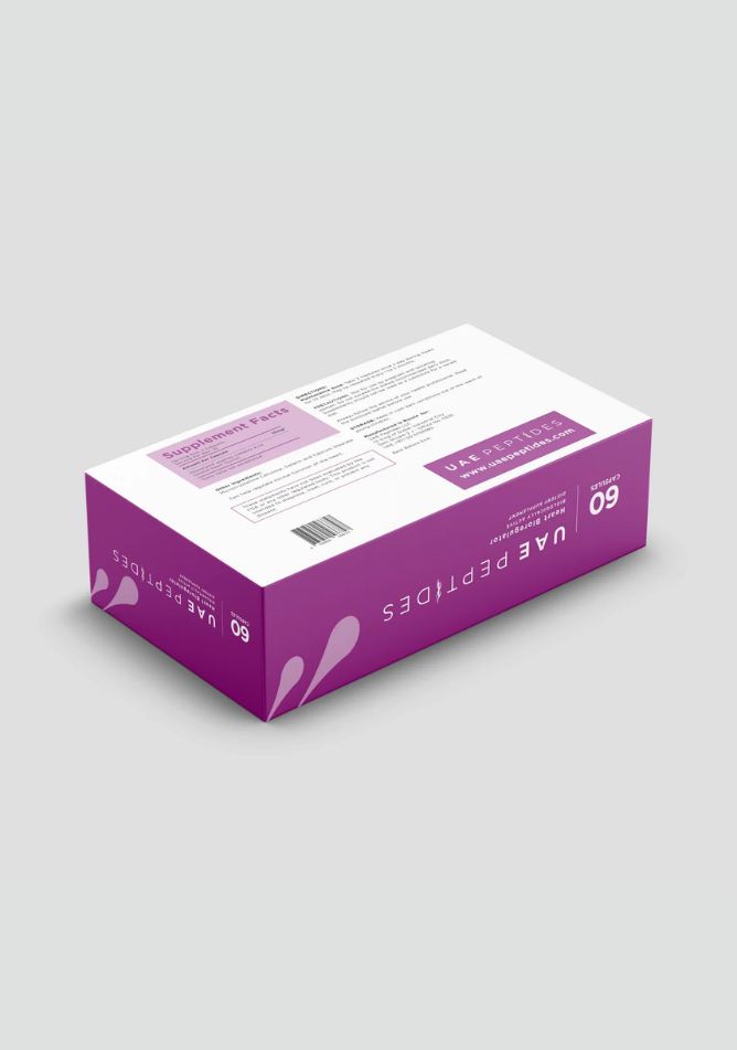 Back side image of one box of Dnhealth peptide supplements displayed against a light grey background. The color of the box is white and purple and is labelled as a Heart Bioregulator.