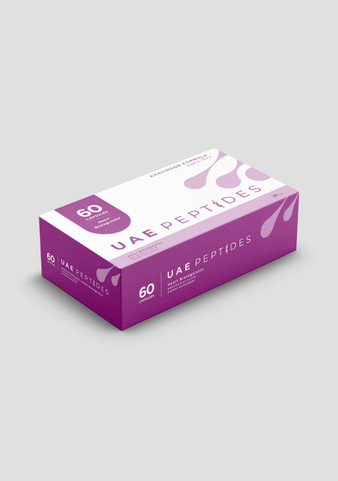Side image of one box of Dnhealth peptide supplements displayed against a light grey background. The color of the box is white and purple and is labelled as a Heart Bioregulator.