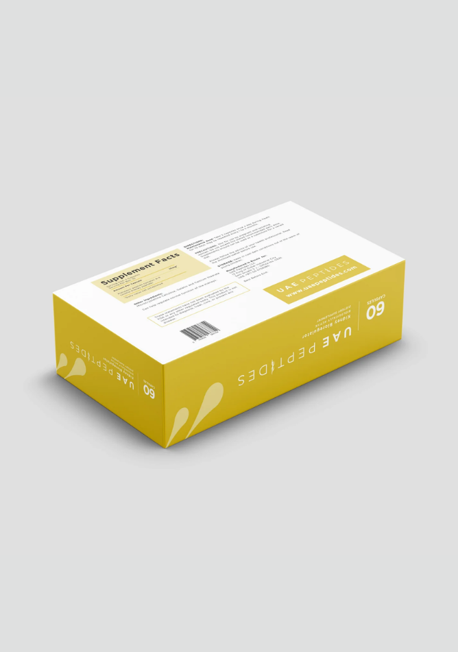 Back side image of one box of Dnhealth peptide supplements displayed against a light grey background. The color of the box is white and yellow and is labelled as a Kidney Bioregulator.