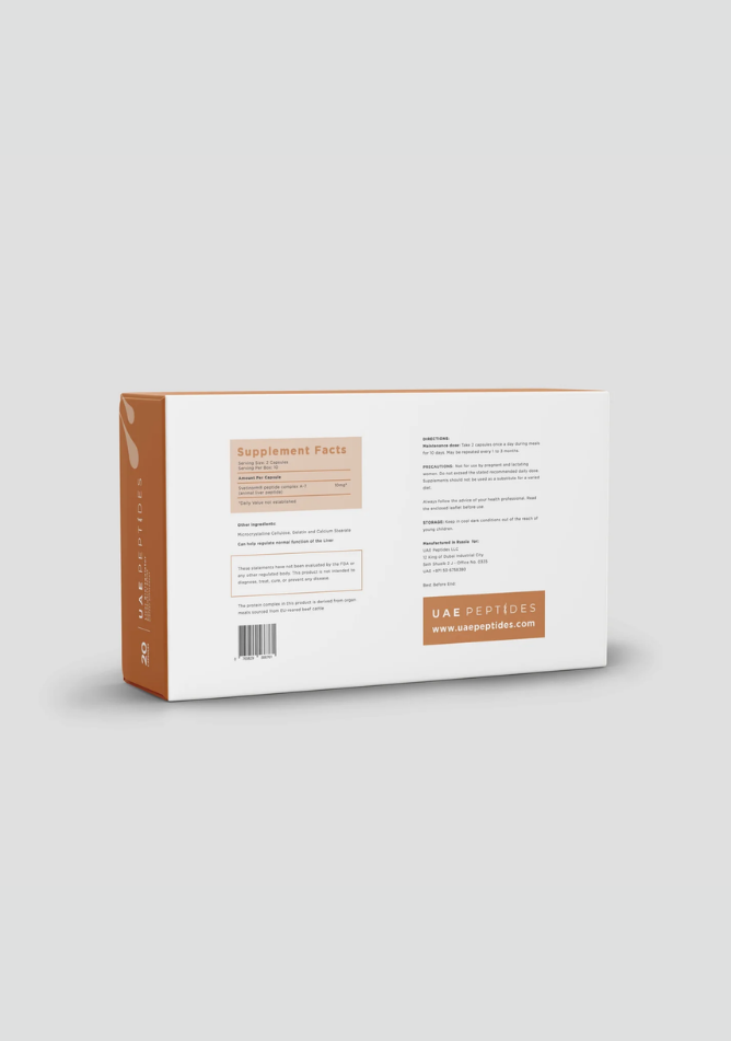 Back image of one box of Dnhealth peptide supplements displayed against a light grey background. The color of the box is white and coral and is labelled as a Liver Bioregulator.