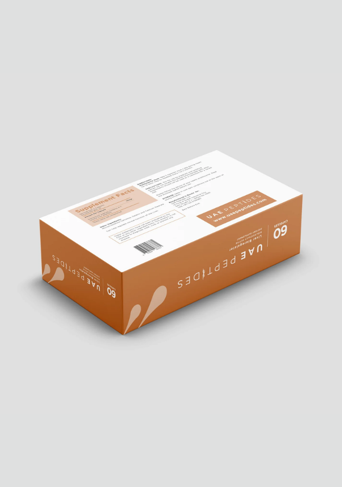 Back side image of one box of Dnhealth peptide supplements displayed against a light grey background. The color of the box is white and coral and is labelled as a Liver Bioregulator.