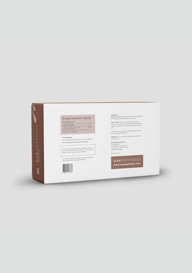Back image of one box of Dnhealth peptide supplements displayed against a light grey background. The color of the box is white and brown and is labelled as a Lungs Bioregulator.
