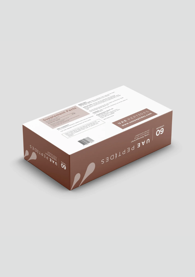 Back side image of one box of Dnhealth peptide supplements displayed against a light grey background. The color of the box is white and brown and is labelled as a Lungs Bioregulator.