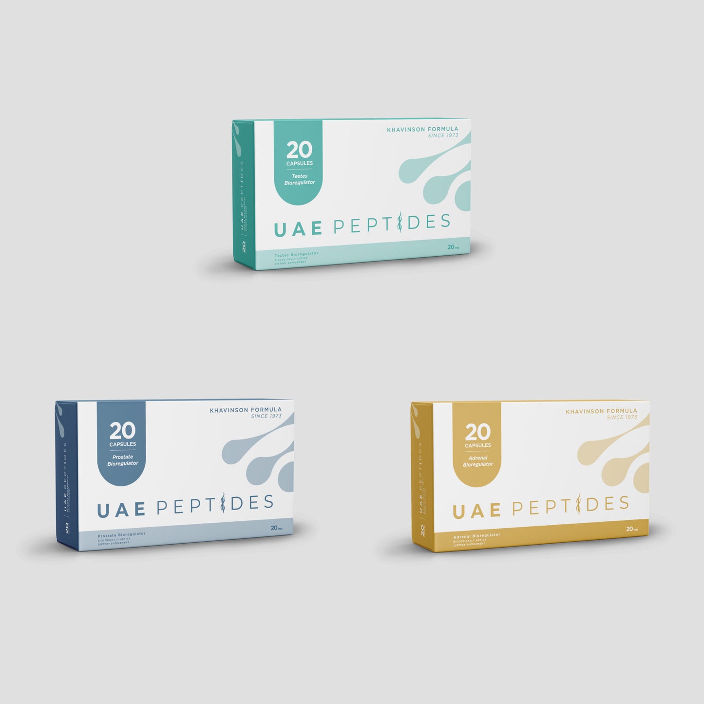Front image of three boxes of Dnhealth peptide supplements are displayed against a light grey background. The top box is white and green and is labelled as a Testes Bioregulator. The bottom left box is white and gold and is labelled as an Adrenal Bioregulator. The bottom right box is white and dark blue and is labelled as an Prostate Bioregulator.