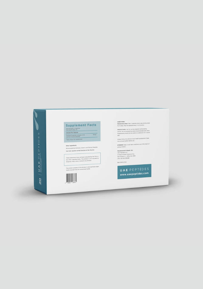 Back image of one box of Dnhealth peptide supplements displayed against a light grey background. The color of the box is white and blue and is labelled as a Muscle Bioregulator.