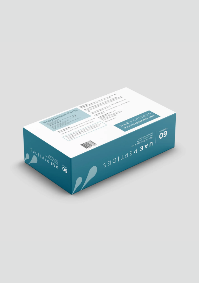 Back side image of one box of Dnhealth peptide supplements displayed against a light grey background. The color of the box is white and blue and is labelled as a Muscle Bioregulator.