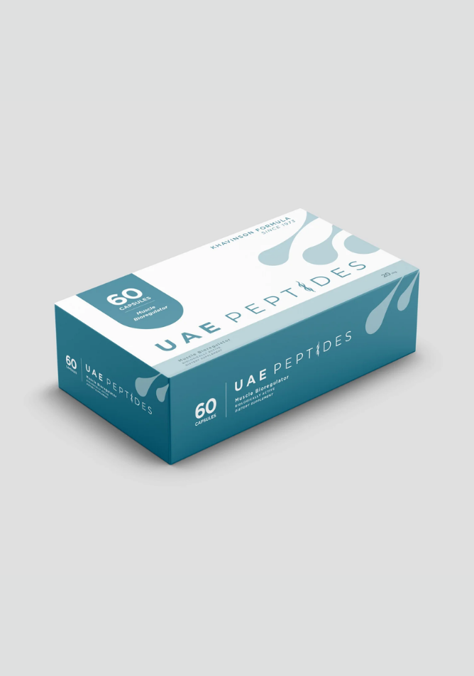 Side image of one box of Dnhealth peptide supplements displayed against a light grey background. The color of the box is white and blue and is labelled as a Muscle Bioregulator.