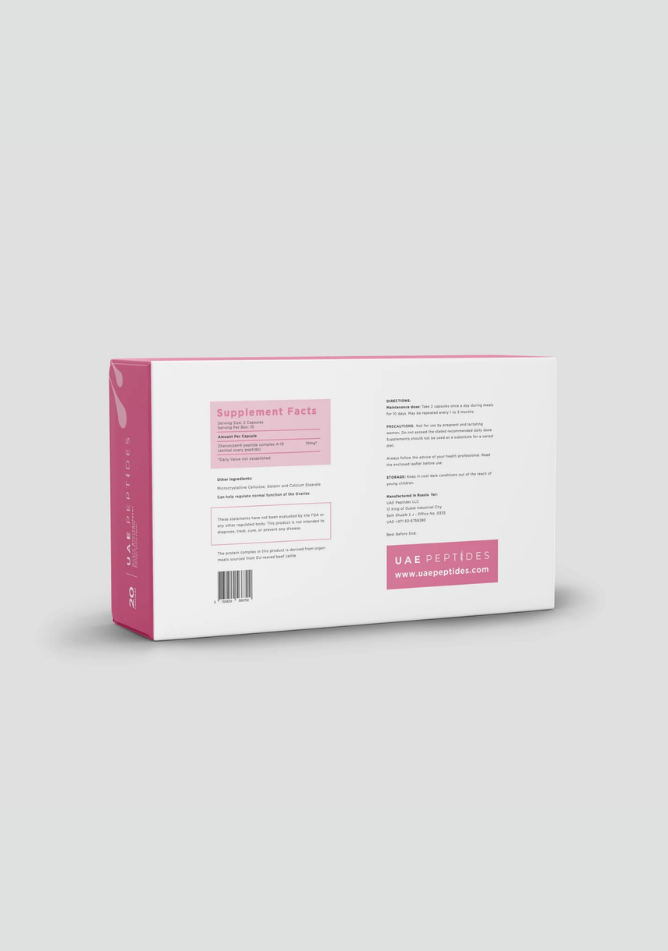 Back image of one box of Dnhealth peptide supplements displayed against a light grey background. The color of the box is white and pink and is labelled as a Ovary Bioregulator.