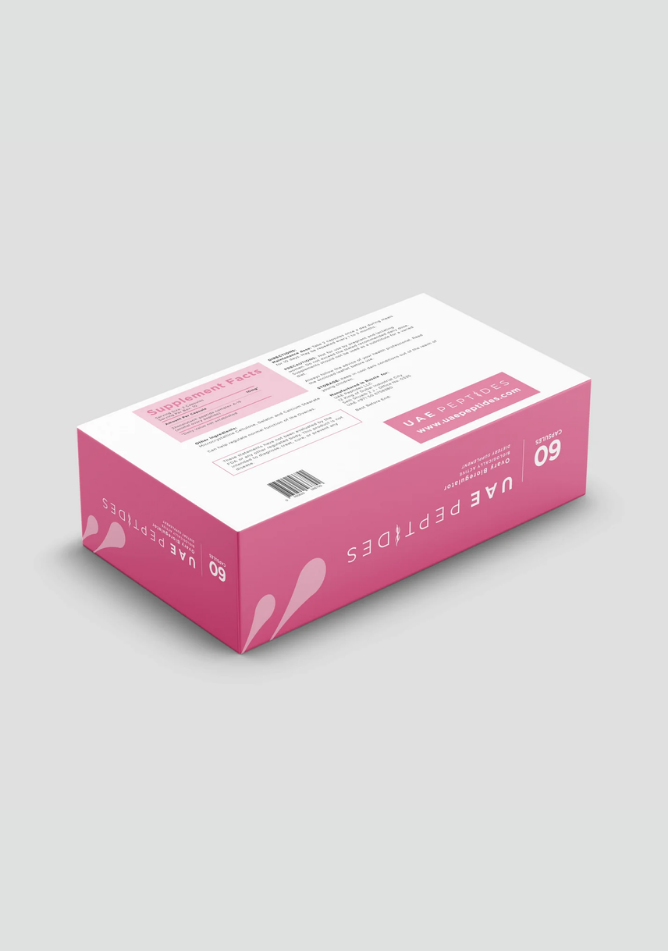 Back side image of one box of Dnhealth peptide supplements displayed against a light grey background. The color of the box is white and pink and is labelled as a Ovary Bioregulator.