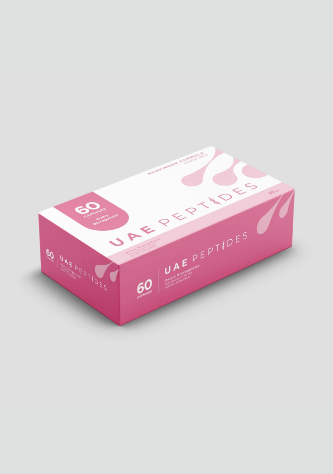 Side image of one box of Dnhealth peptide supplements displayed against a light grey background. The color of the box is white and pink and is labelled as a Ovary Bioregulator.