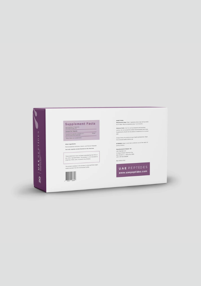 Back image of one box of Dnhealth peptide supplements displayed against a light grey background. The color of the box is white and violet and is labelled as a Pancreas Bioregulator.