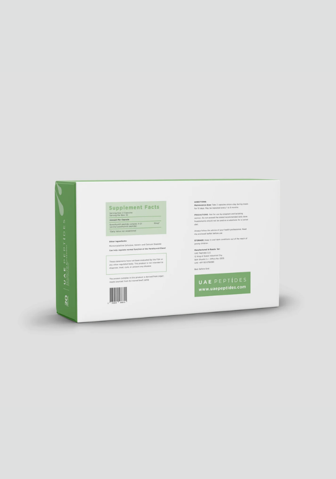 Back image of one box of Dnhealth peptide supplements displayed against a light grey background. The color of the box is white and green and is labelled as a Parathyroid Bioregulator.