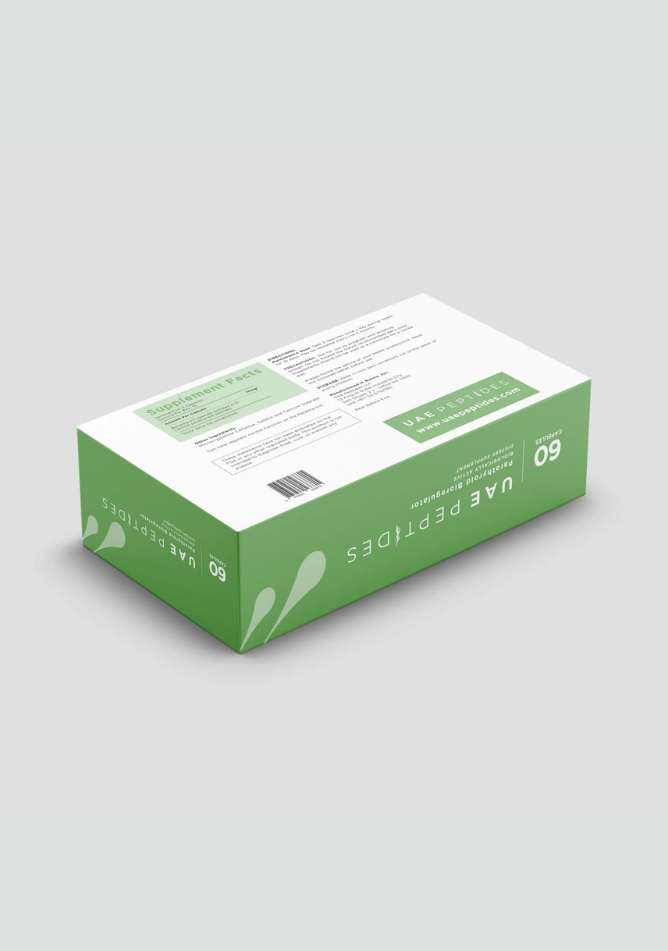Back Side image of one box of Dnhealth peptide supplements displayed against a light grey background. The color of the box is white and green and is labelled as a Parathyroid Bioregulator.