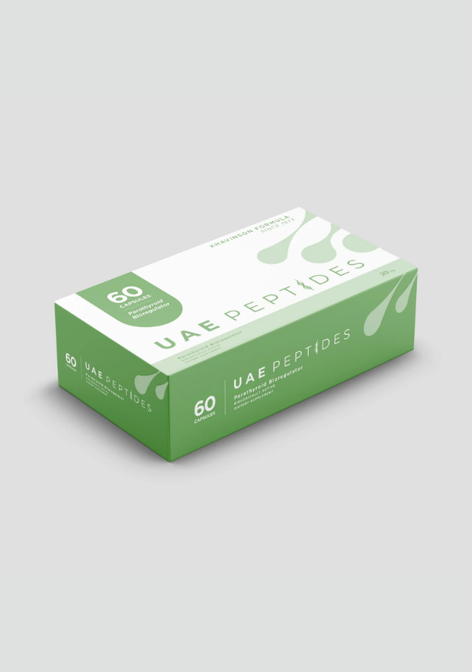 Side image of one box of Dnhealth peptide supplements displayed against a light grey background. The color of the box is white and green and is labelled as a Parathyroid Bioregulator.