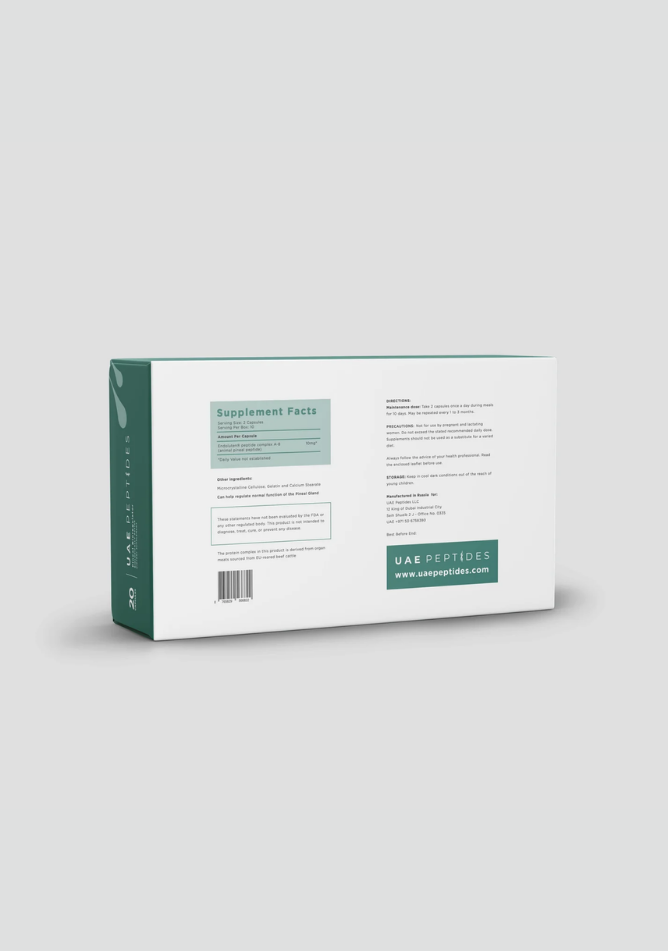 Back image of one box of Dnhealth peptide supplements displayed against a light grey background. The color of the box is white and green and is labelled as a Pineal Bioregulator.