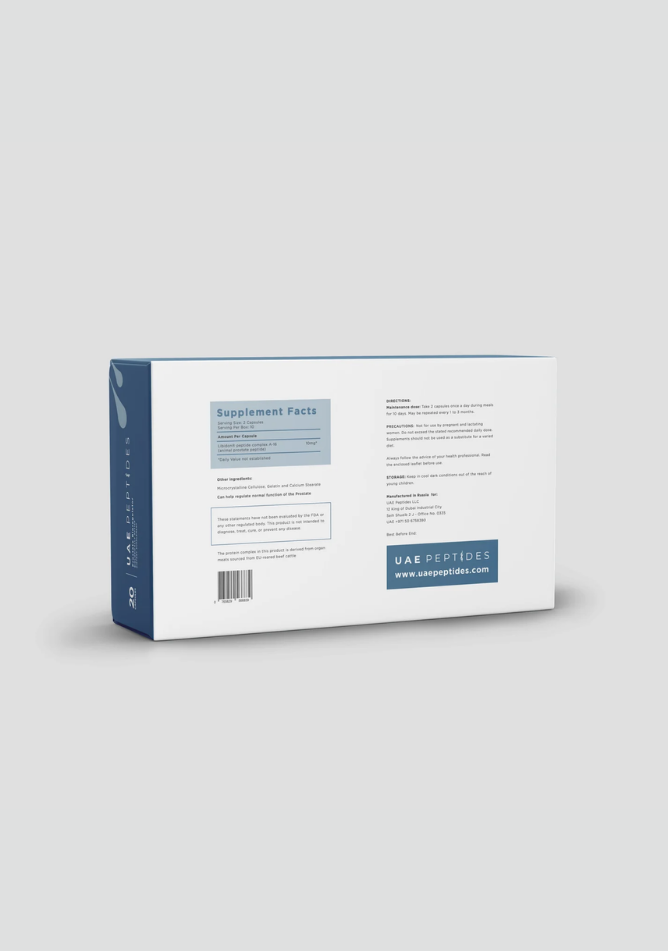 Back image of one box of Dnhealth peptide supplements displayed against a light grey background. The color of the box is white and dark blue and is labelled as a Prostate Bioregulator.