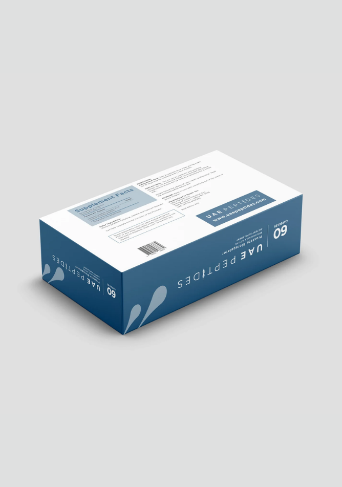 Back side image of one box of Dnhealth peptide supplements displayed against a light grey background. The color of the box is white and dark blue and is labelled as a Prostate Bioregulator.