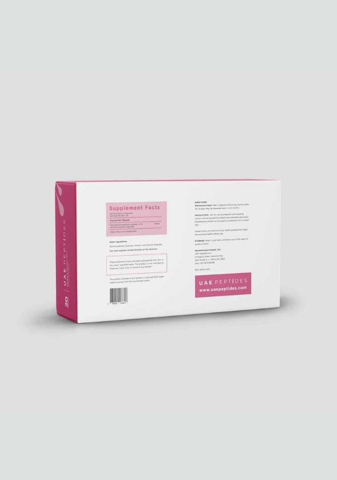 Back image of one box of Dnhealth peptide supplements displayed against a light grey background. The color of the box is white and pink and is labelled as a Stomack Bioregulator.