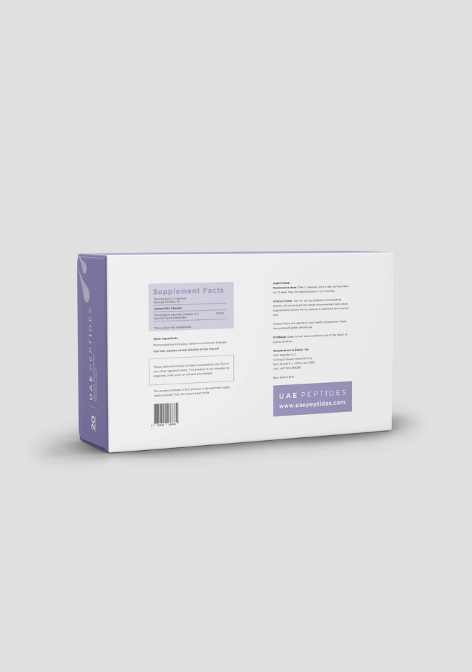 Back image of one box of Dnhealth peptide supplements displayed against a light grey background. The color of the box is white and purple and is labelled as a Thyroid Bioregulator.