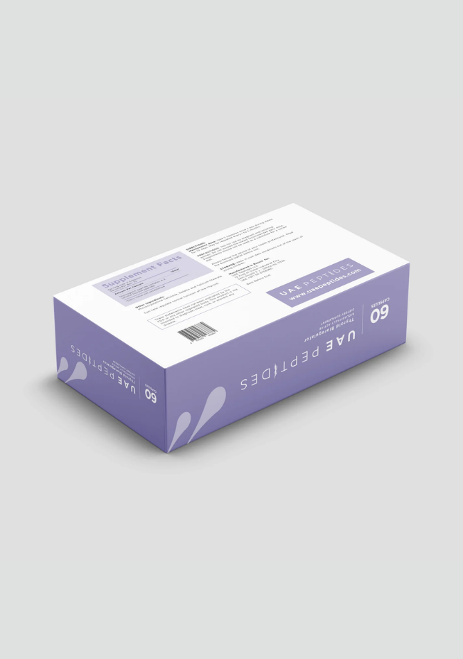Back side image of one box of Dnhealth peptide supplements displayed against a light grey background. The color of the box is white and purple and is labelled as a Thyroid Bioregulator.