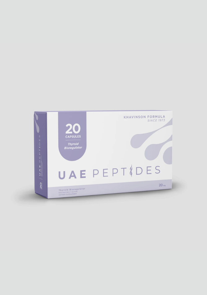 Front image of one box of Dnhealth peptide supplements displayed against a light grey background. The color of the box is white and purple and is labelled as a Thyroid Bioregulator.