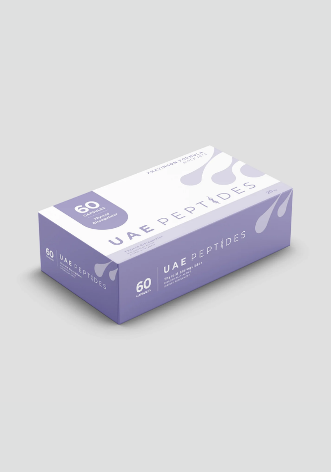 Side image of one box of Dnhealth peptide supplements displayed against a light grey background. The color of the box is white and purple and is labelled as a Thyroid Bioregulator.