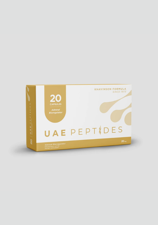 Front image of one box of Dnhealth peptide supplements displayed against a light grey background. The color of the box is white and gold and is labelled as a Adrenal Bioregulator. 