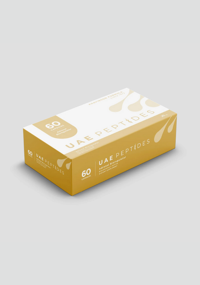 Side image of one box of Dnhealth peptide supplements displayed against a light grey background. The color of the box is white and gold and is labelled as a Adrenal Bioregulator. 
