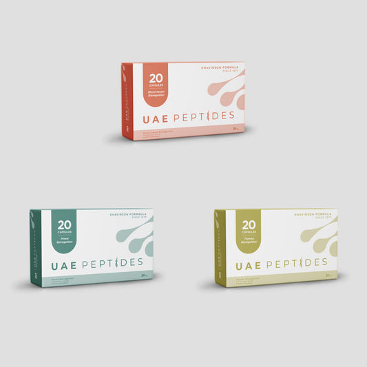 Front image of three boxes of Dnhealth peptide supplements are displayed against a light grey background. The top box is white and orange and is labelled as a Blood Vessel Bioregulator. The bottom right box is white and green and is labelled as an Pineal Bioregulator. The bottom left box is white and olive and is labelled as an Thymus Bioregulator.