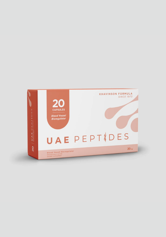 Front image of one box of Dnhealth peptide supplements displayed against a light grey background. The color of the box is white and orange and is labelled as a Blood Vessel Bioregulator.
