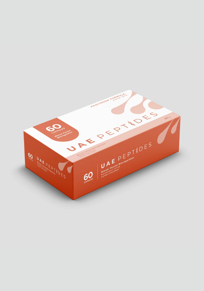 Side image of one box of Dnhealth peptide supplements displayed against a light grey background. The color of the box is white and orange and is labelled as a Blood Vessel Bioregulator.