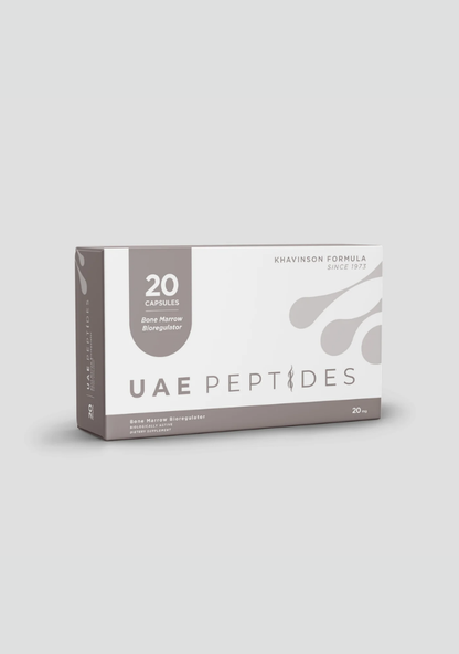 Front image of one box of Dnhealth peptide supplements displayed against a light grey background. The color of the box is white and grey and is labelled as a Bone Marrow Bioregulator. 
