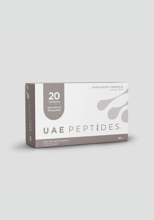 Front image of one box of Dnhealth peptide supplements displayed against a light grey background. The color of the box is white and grey and is labelled as a Bone Marrow Bioregulator. 